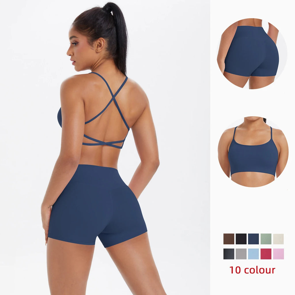 New Cross Backless Yoga Bra And Fitness Shorts Gym Yoga Set Woman’s Summer Running Sports Quick-Dry Women Gym Clothing Yoga Suit