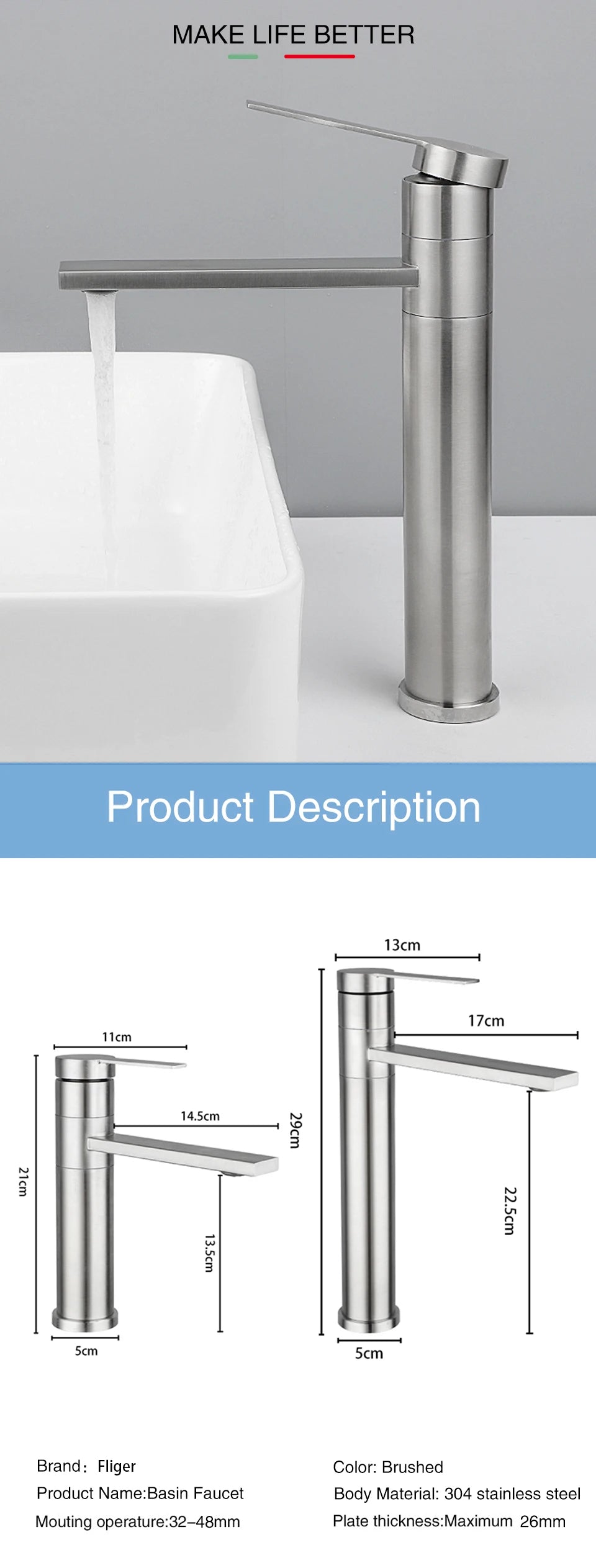 Fliger Tall Basin Faucet Brushed Gold Bathroom Sink Faucet Countertop Sink Faucet Hot Cold Bathroom Faucet 360° Rotating Mixer