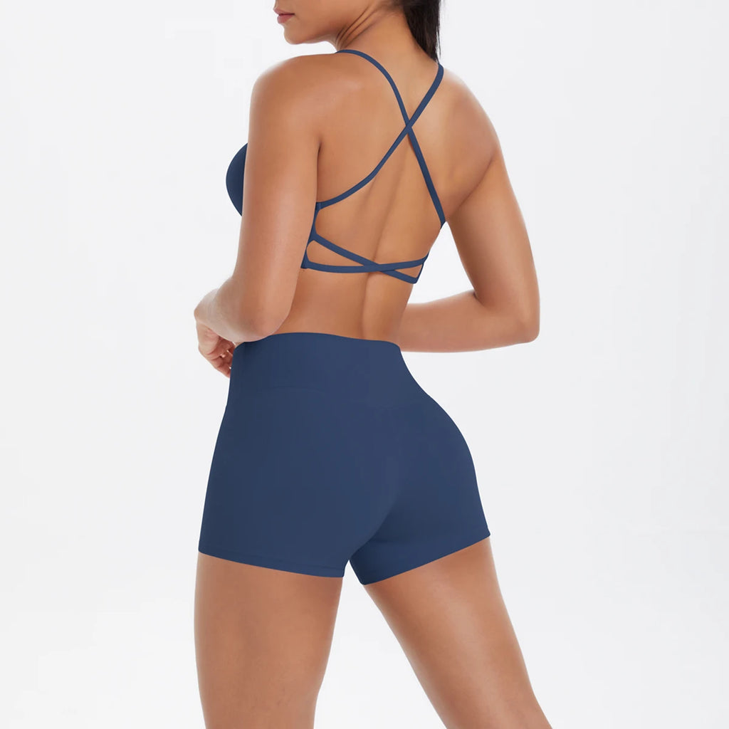New Cross Backless Yoga Bra And Fitness Shorts Gym Yoga Set Woman’s Summer Running Sports Quick-Dry Women Gym Clothing Yoga Suit