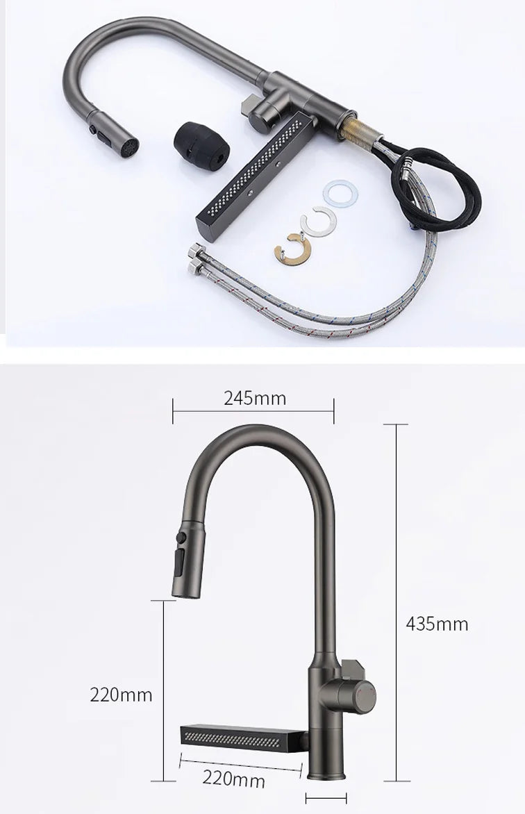 304 Stainless Steel Kitchen Faucet with Waterfall Sink Countertop Installation Hot Cold Mixer 360° Rotation for Kitchen