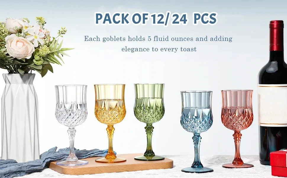 12/24 Pcs 220ml Plastic Wine Glasses Drinking Glasses for Wedding Party Imitation Glassware Reusable Drinkware Champagne Goblet