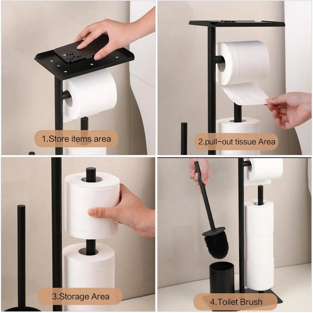 Stainless Steel Standing Toilet Set, Toilet Paper Holder with Toilet Brush for Bathroom Storage