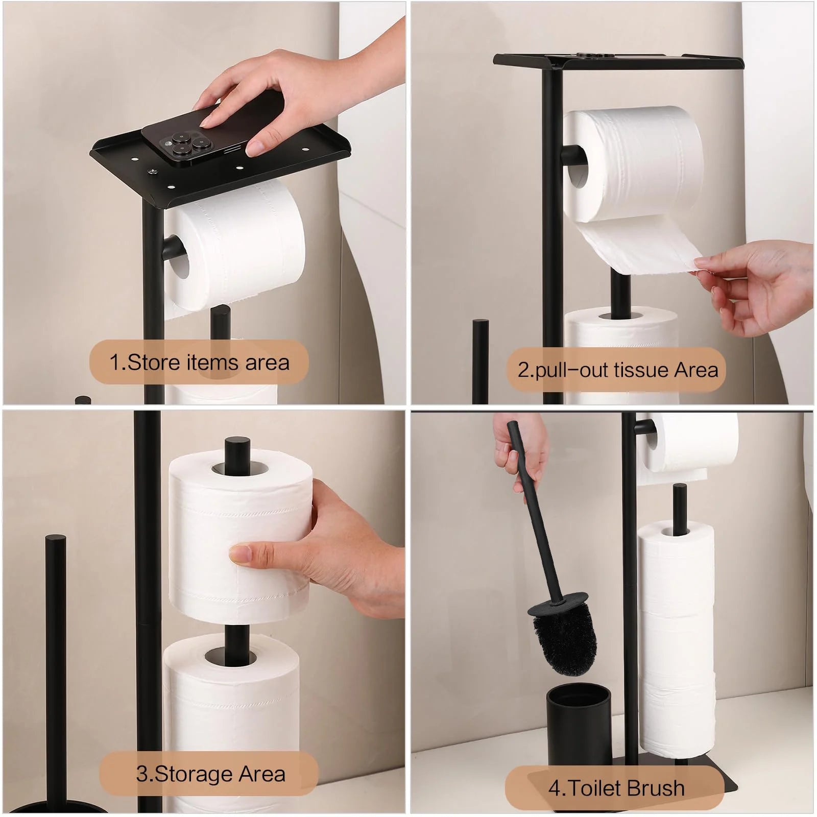 Stainless Steel Standing Toilet Set, Toilet Paper Holder with Toilet Brush for Bathroom Storage
