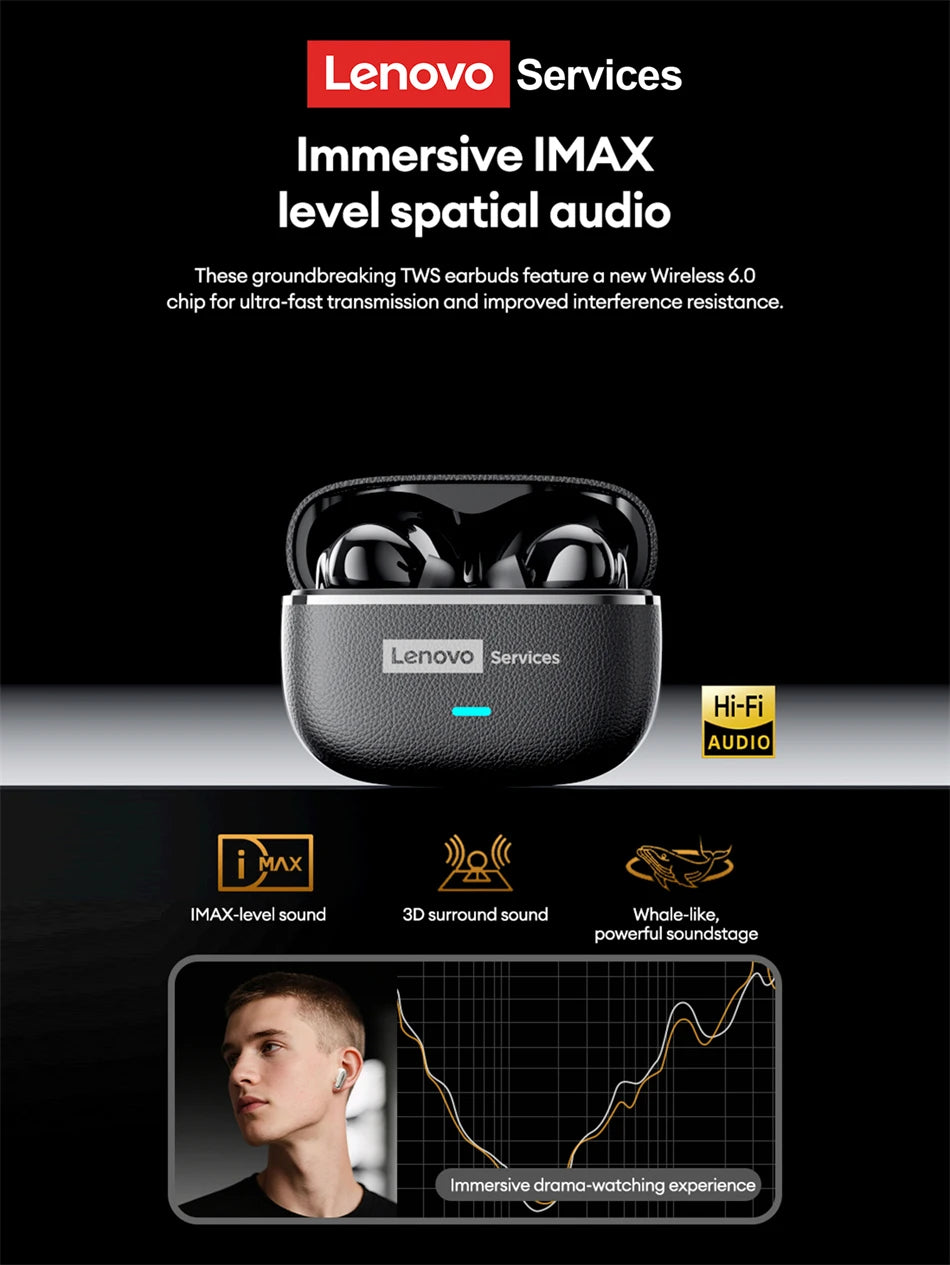 Lenovo LE208 TWS Bluetooth 6.0 Wireless Leather Earphones Stereo ENC Noise Cancelling Headphone 38ms Low Latency Gaming Headset