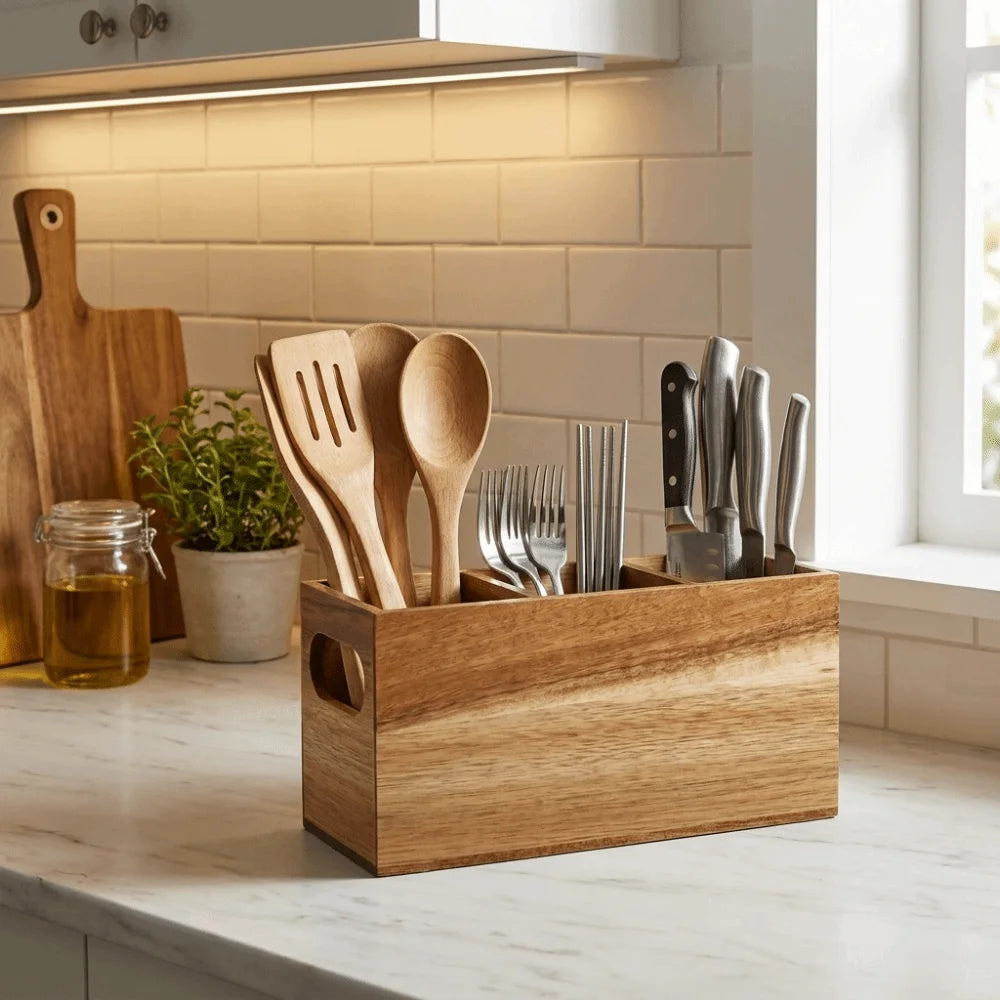 Kitchen Tools Wooden Utensil Organizer 3 Compartment Space Saving Storage Rack Durable Rustic Cutlery Holder Kitchen
