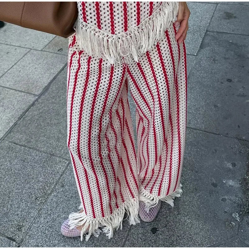 Halter Vertical Striped Fringe Two Piece Set Sleeveless Tank Top Loose Wide Leg Pants Women 2026 Summer Holiday Beach Chic Suit