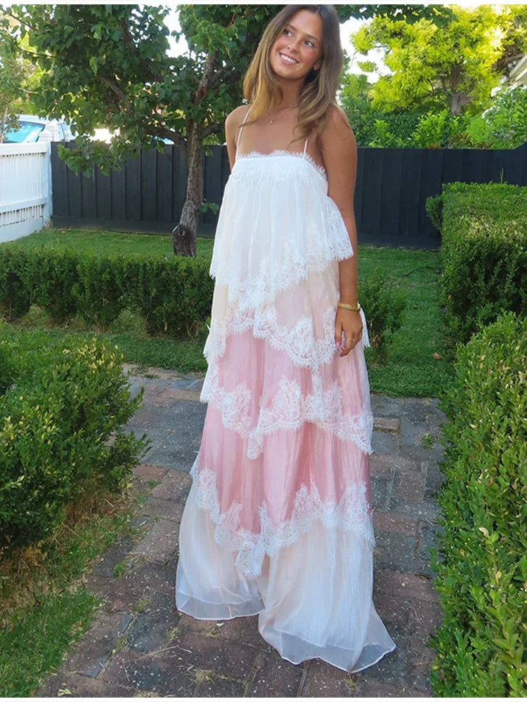 Romantic White Pink Tiered Lace Maxi Dress Spaghetti Straps Cross Back Tie Closure Flowy Skirt Women Date Party Vacation Outfit