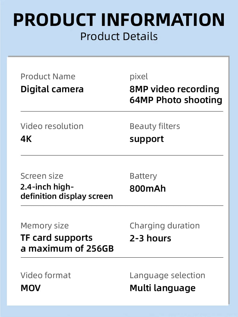 UHD 4K Digital Camera  2.4inch IPS Screen 18X Zoom Video 64MP Photo Compact Optical Camcorder Cameras for YouTube Vlog Photos