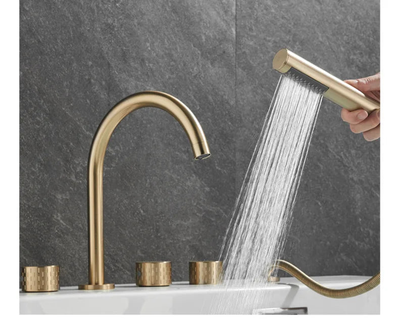 Gray Luxury Brass Deck-Mounted 5-Holes Bathroom Bath Tub Rotating Faucet Mixer Bathtub Basin Water Tap With Spray 3 Handles