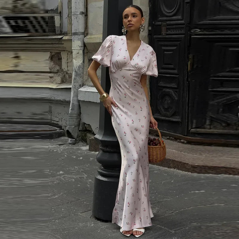 Elegant Print Women Long Dress Fashion V-neck Pleated Flutter Short Sleeve Empire Female Dresses 2026 Summer Chic Female Robe