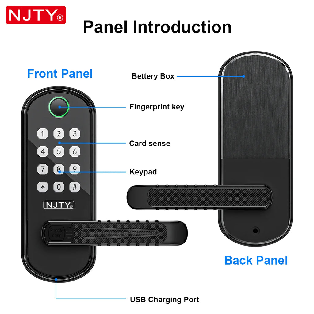 NJTY Fingerprint Door Lock Unlock by Fingerprint/Card/App/Password/NFC/Key Anti-Theft Electronic Door Lock for Bedroom/Outside