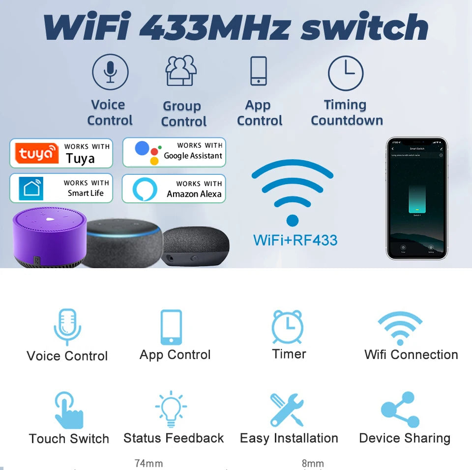 Tuya WiFi Smart Switch Works With Alexa With/Without Neutral Wire Touch Light Switch Wireless RF433 Wall Remote Voice Control
