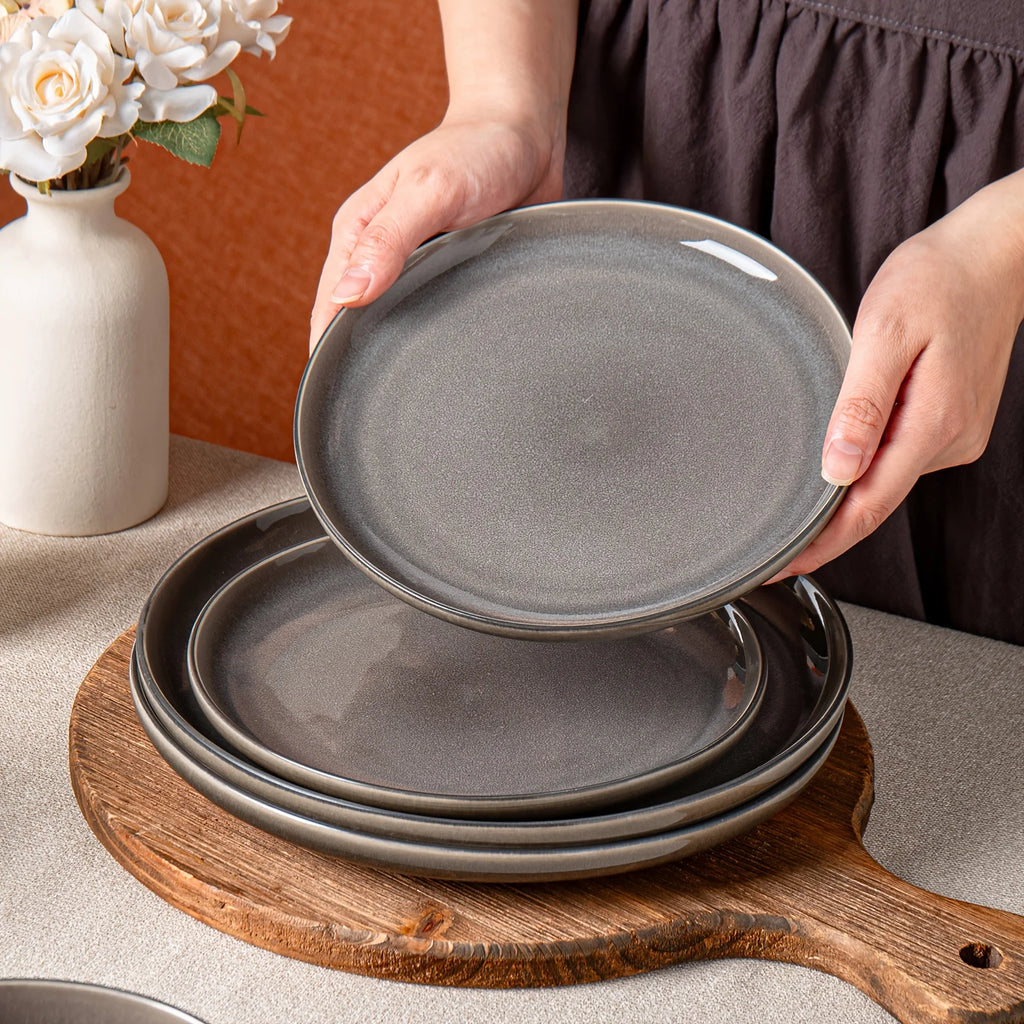 12-Piece Purple-Gray Reactive Glaze Ceramic Tableware Set for 4 People – Soup Bowls, Salad Plates, Dessert Dishes, Pasta Bowls &