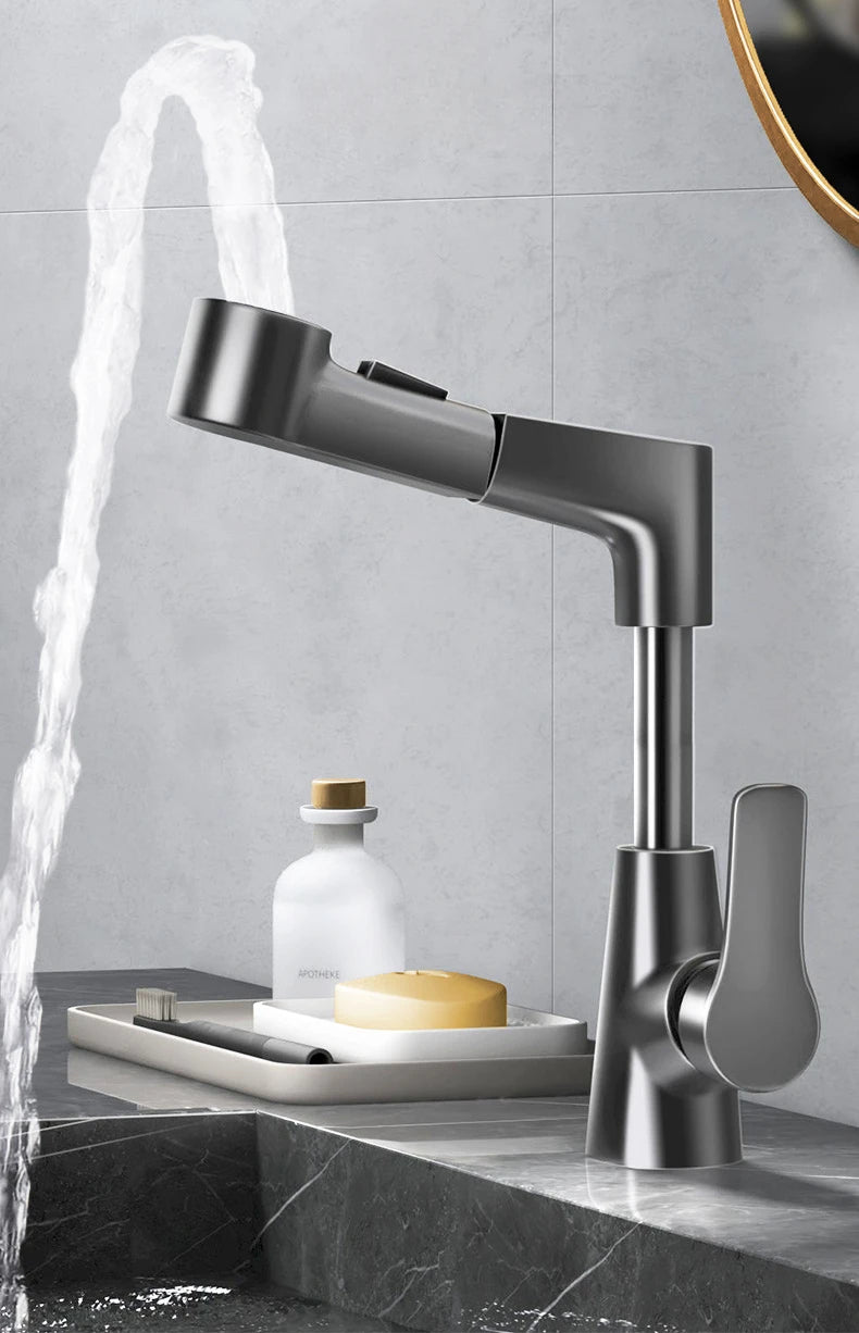 Basin Faucet Bathroom Pull Out Lift Mixer Tap Hot & Cold Water 360° Lift Up and Down Bathroom Sink Faucet