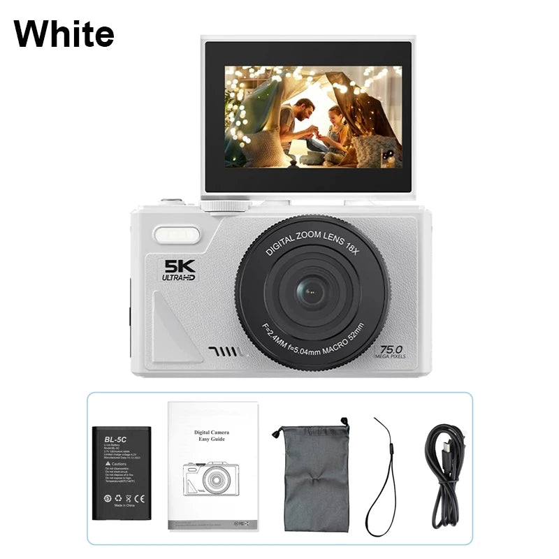 HD 5K Portable Digital Camera 75MP Flip Screen For VLOG Girls Kid Adult Beginners Selfie Camcorder Photography Digital Camera