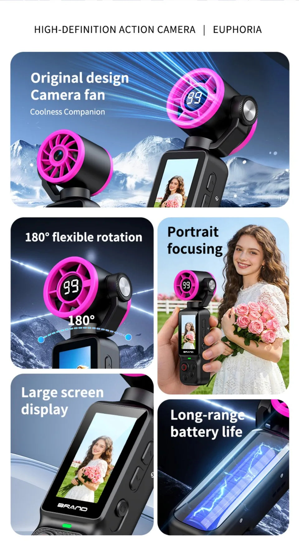 HD 2 in 1 Action Camera with 5 Speed High Speed Cooling Fan Video Recorder For Vlog YouTube Outdoor Shooting Handheld Action Cam