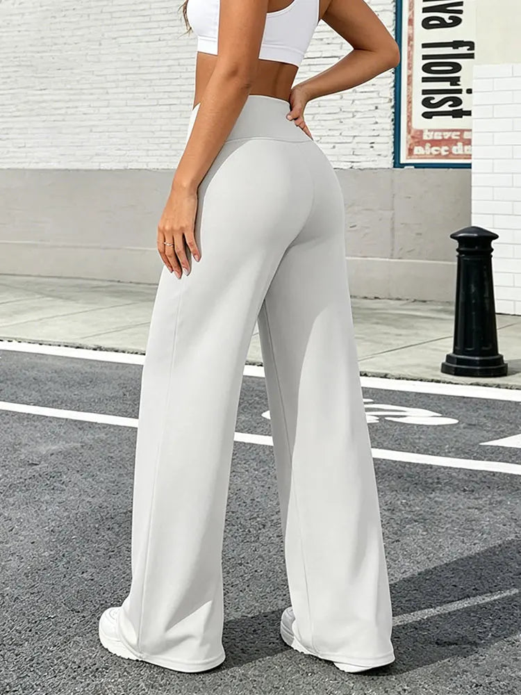Simple Straight Leg Pants For Women Mid Waist Wide Leg Yoga Trousers Fitness Workout Nude Feeling Pilates Running Sports Bottoms
