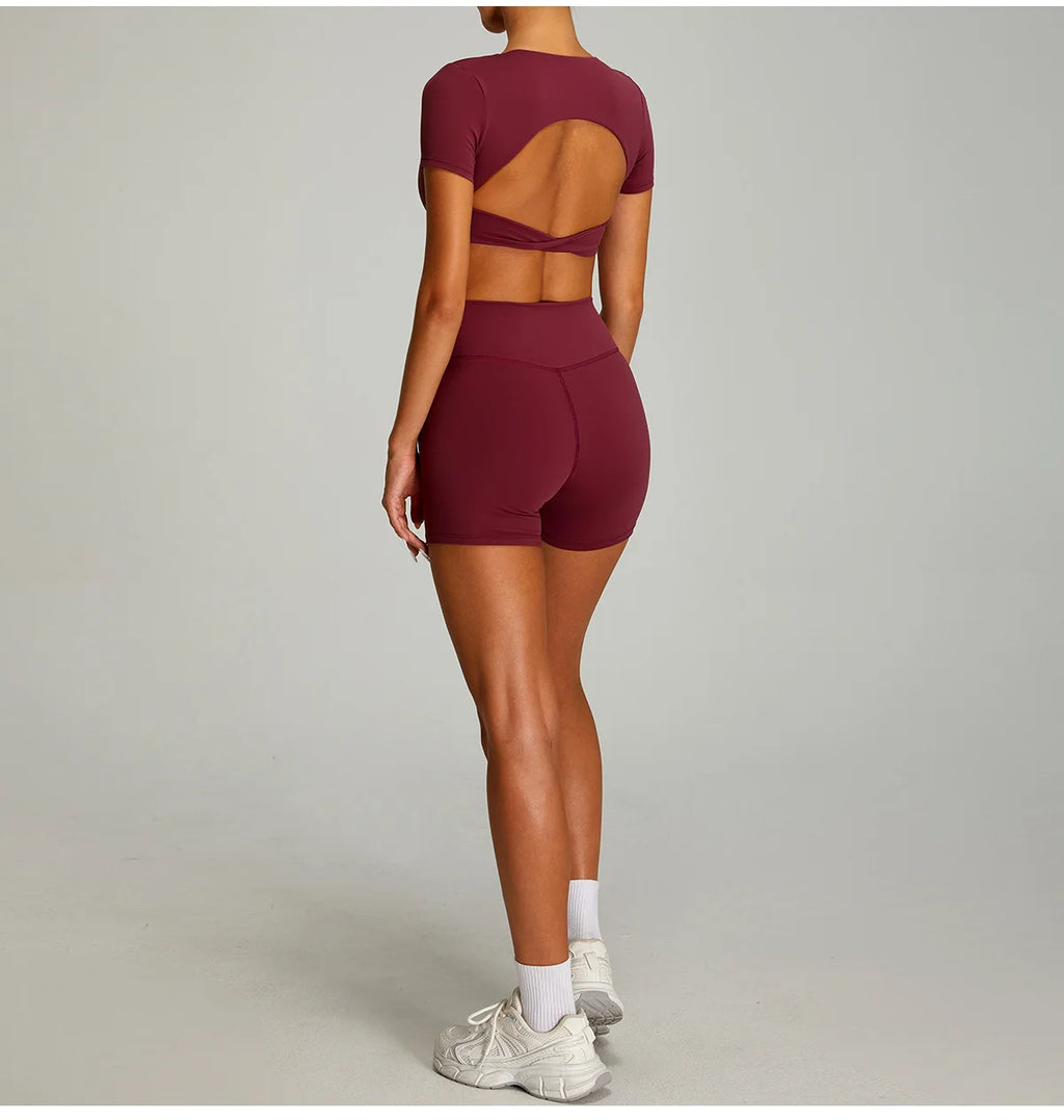 mikeyoga Women Yoga Suit 2PCS Sports Set Quick-Drying Gym Set Women Tracksuit Running Workout Short Sleeves Sports Yoga Clothing