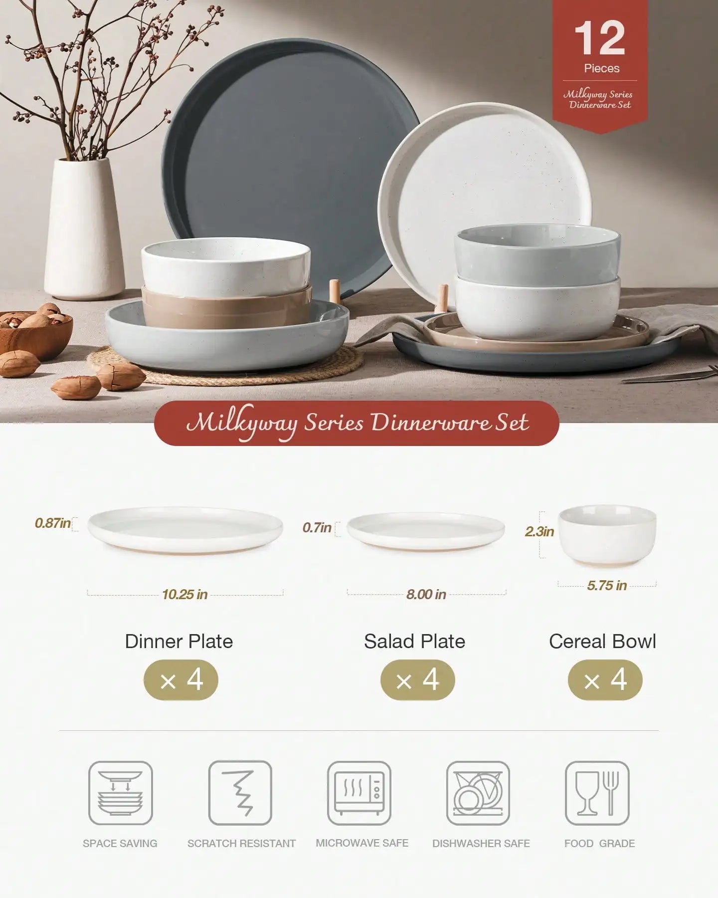 Dinnerware Sets Nordic Modern Dishes Set For 4 Off White Speckled Glazed Ceramic Stoneware 12 Pieces Plates And Bowls Set Microwave Safe For Home Kitchen Dining Housewarming Thanksgiving Christmas Gift