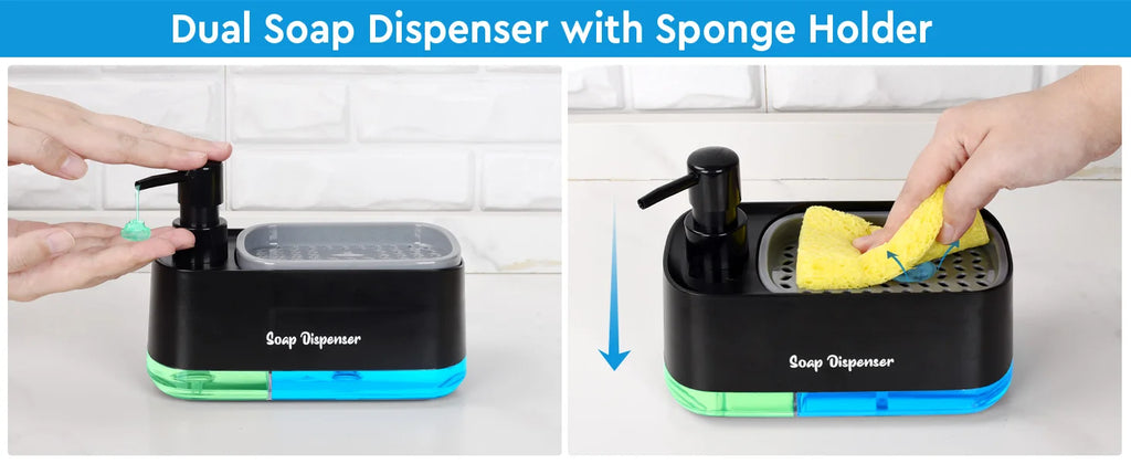 Kitchen Sink Organizer Set 3-in-1 Soap Dispenser with Dual Pump and Sponge Holder Space-Saving Cleaning Storage for Countertops