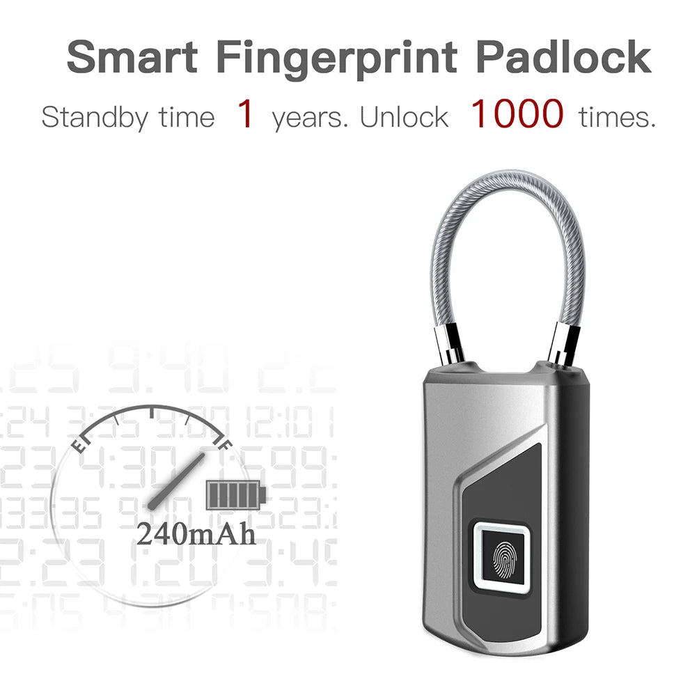 Intelligent Fingerprint Lock Portable Keyless Fingerprint Padlock Waterproof USB Rechargeable for Door Suitcase Backpack Locks