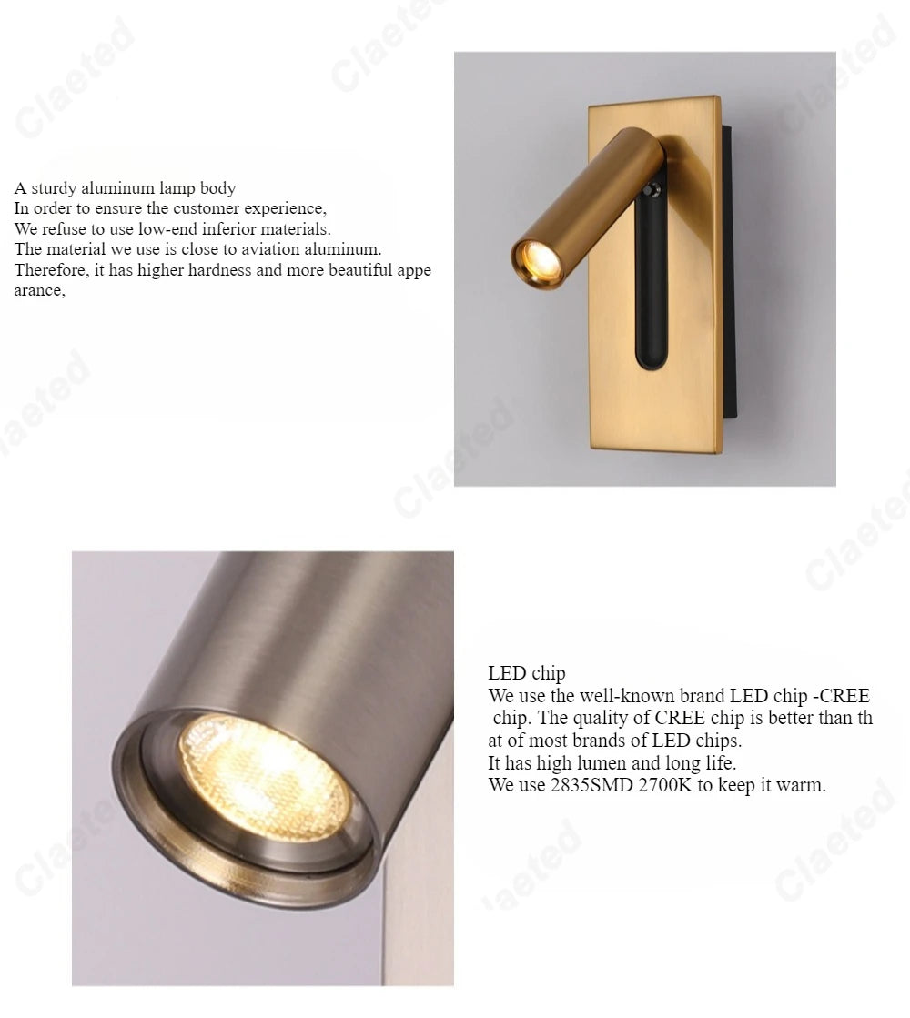 New LED Reading Wall Lamp with Switch and Adjustable Angle Hotel Room Home Bedroom Bedside Lighting Atmosphere Lamps