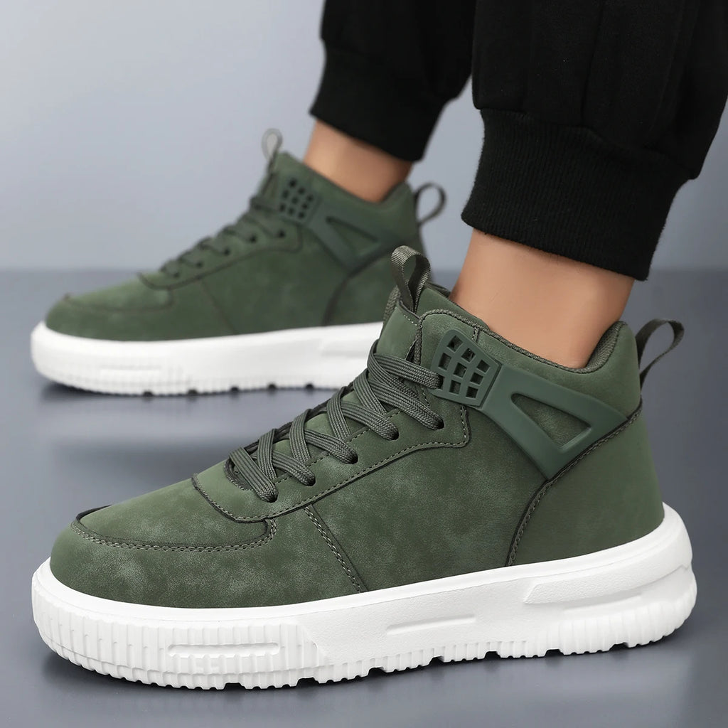 Men's Green High Top Sneakers Casual Leather Skate Shoes Lace-up Platform Streetwear Ankle Boots