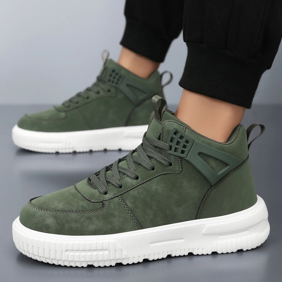 Men's Green High Top Sneakers Casual Leather Skate Shoes Lace-up Platform Streetwear Ankle Boots
