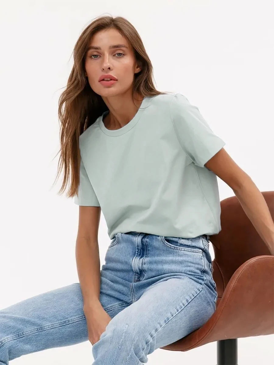 Cross border hot selling cotton T-shirt with round neck and short sleeves for European and American women loose basic top