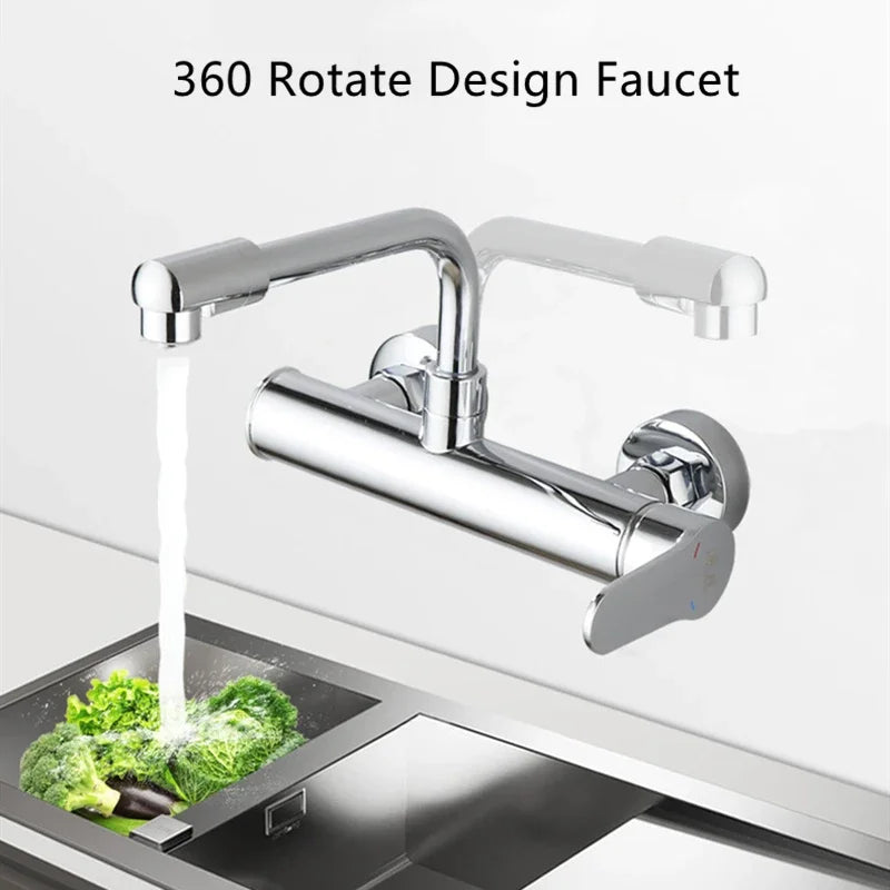 Brass Black Kitchen Faucets 360 Rotate Dual Hole Wall Mounted Silver Bathroom Faucet Cold Hot Water Folding Crane Sink Mixer Tap