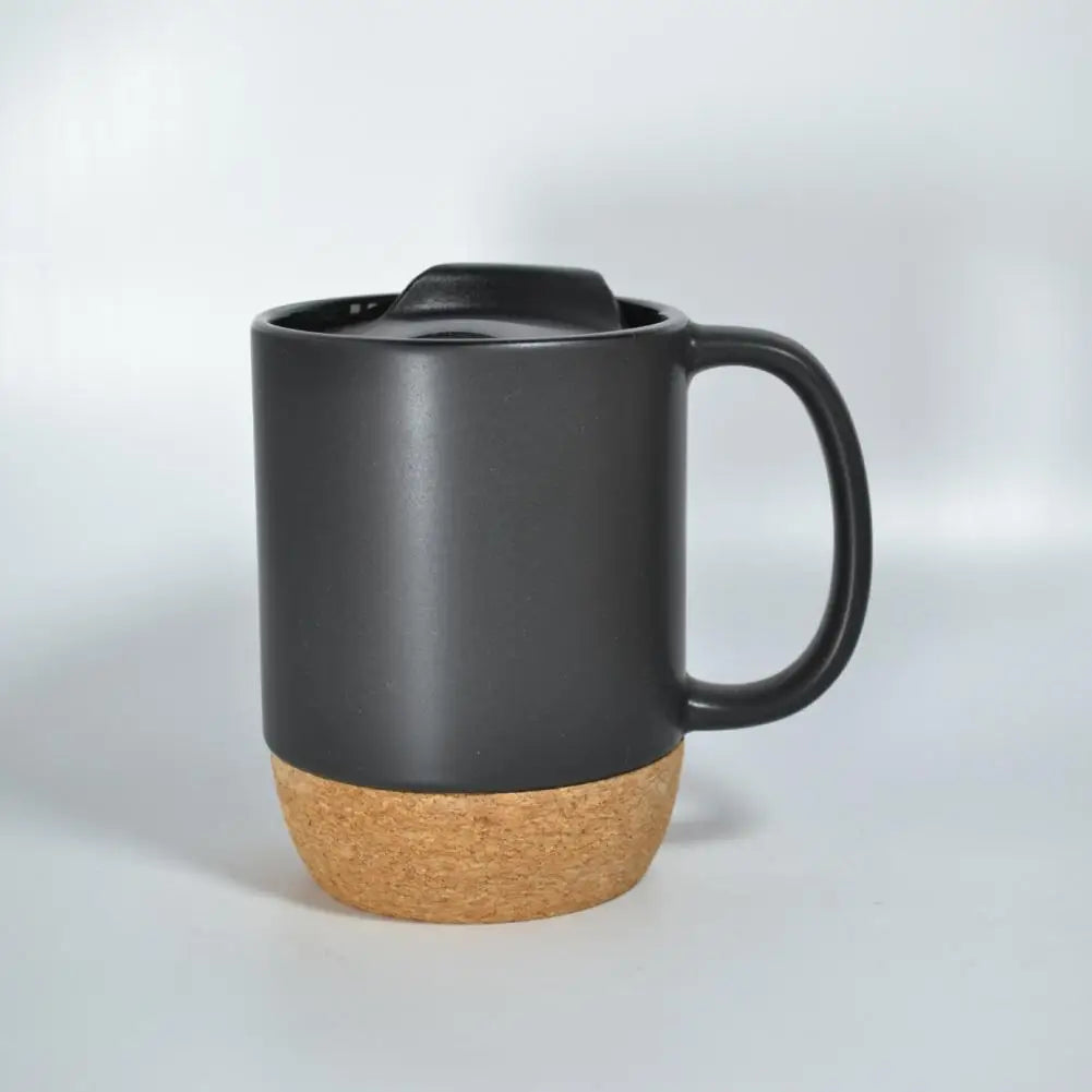 Modern Coffee Mug Leak-proof Coffee Mug 350ml Matte Black Coffee Mug with Grip Handle Cork Bottom Detachable Dustproof Lid