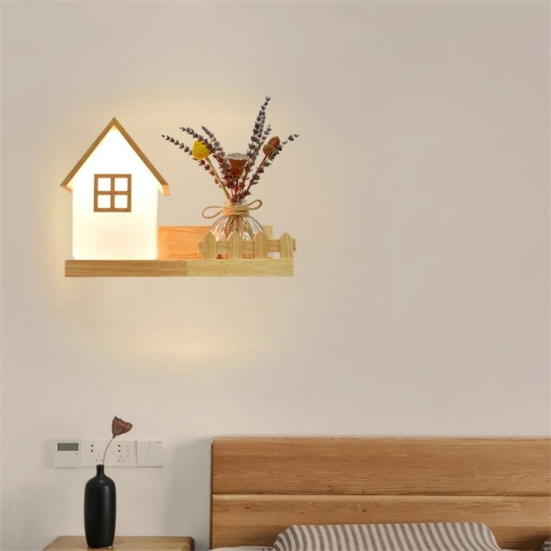 Modern Wooden Lamp Led Wall Lamps Nordic Personality Creative Green Plant Pot Home Decor Living Room Aisle Loft Light Fixtures