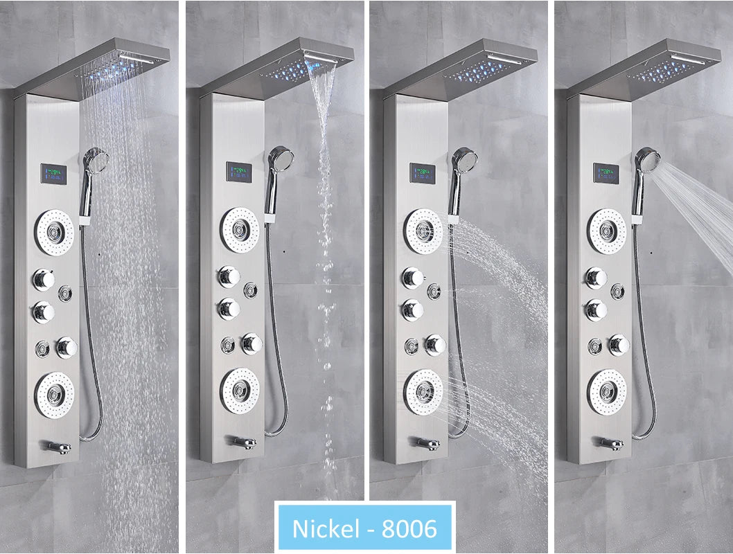 LED Shower Panel Tower System Rain Waterfall Shower Column Hydroelectricity LCD Display With Massage Body Spa Bath Shower Faucet