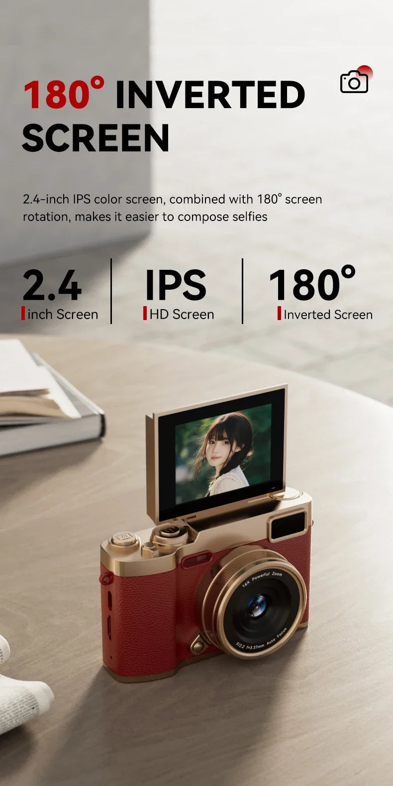 4K Flip Screen CCD Digital Camera 16X Zoom 1080P HD Vlogging Camera Travel Portable Digital Camera with Autofocus Beauty Filter