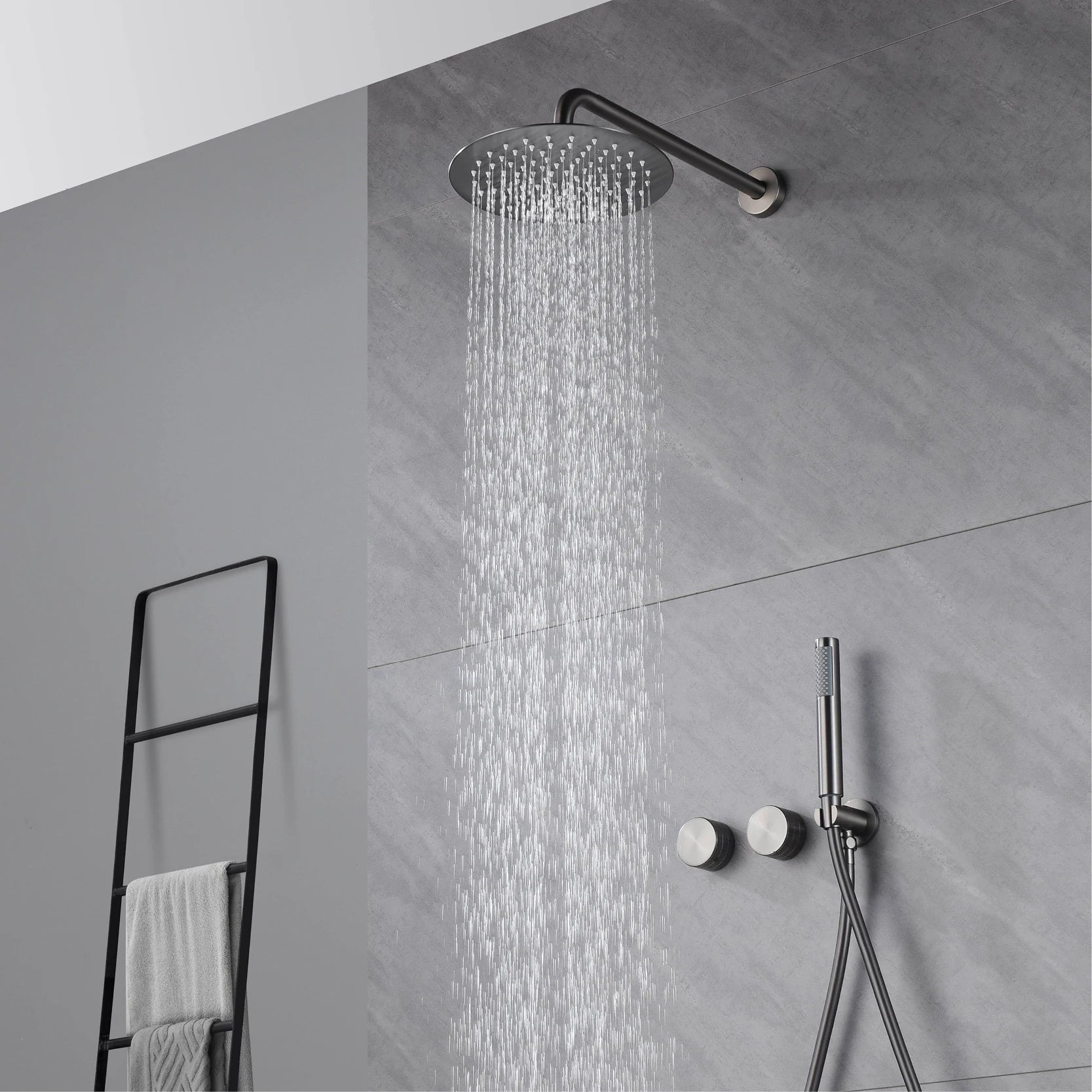 Luxury Gun Gray Brass Wall Mounted Shower System with Embedded Design, Dual Handle Hot and Cold Water, Simple Bathroom Faucet