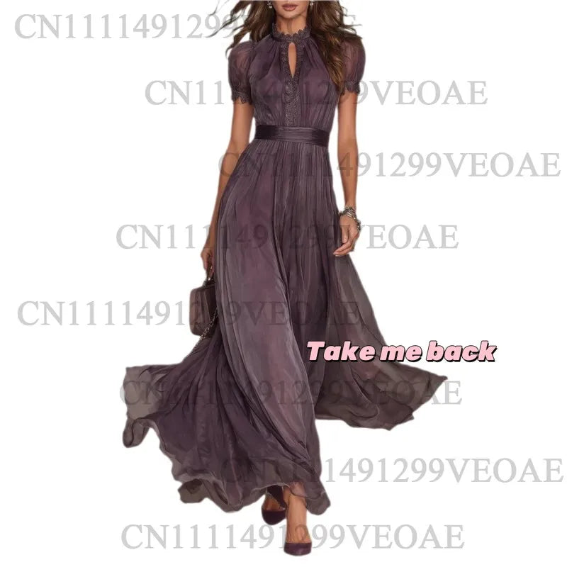 Vintage Spliced Hollow Out Dinner Maxi Dress for Women Stand Collar Lantern Sleeve Pleated Tunic Slit Sexy Dresses Female