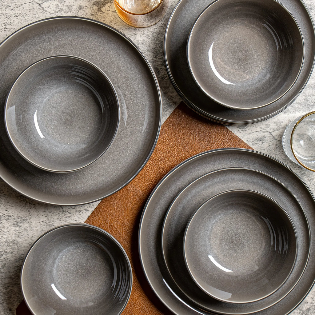 12-Piece Purple-Gray Reactive Glaze Ceramic Tableware Set for 4 People – Soup Bowls, Salad Plates, Dessert Dishes, Pasta Bowls &