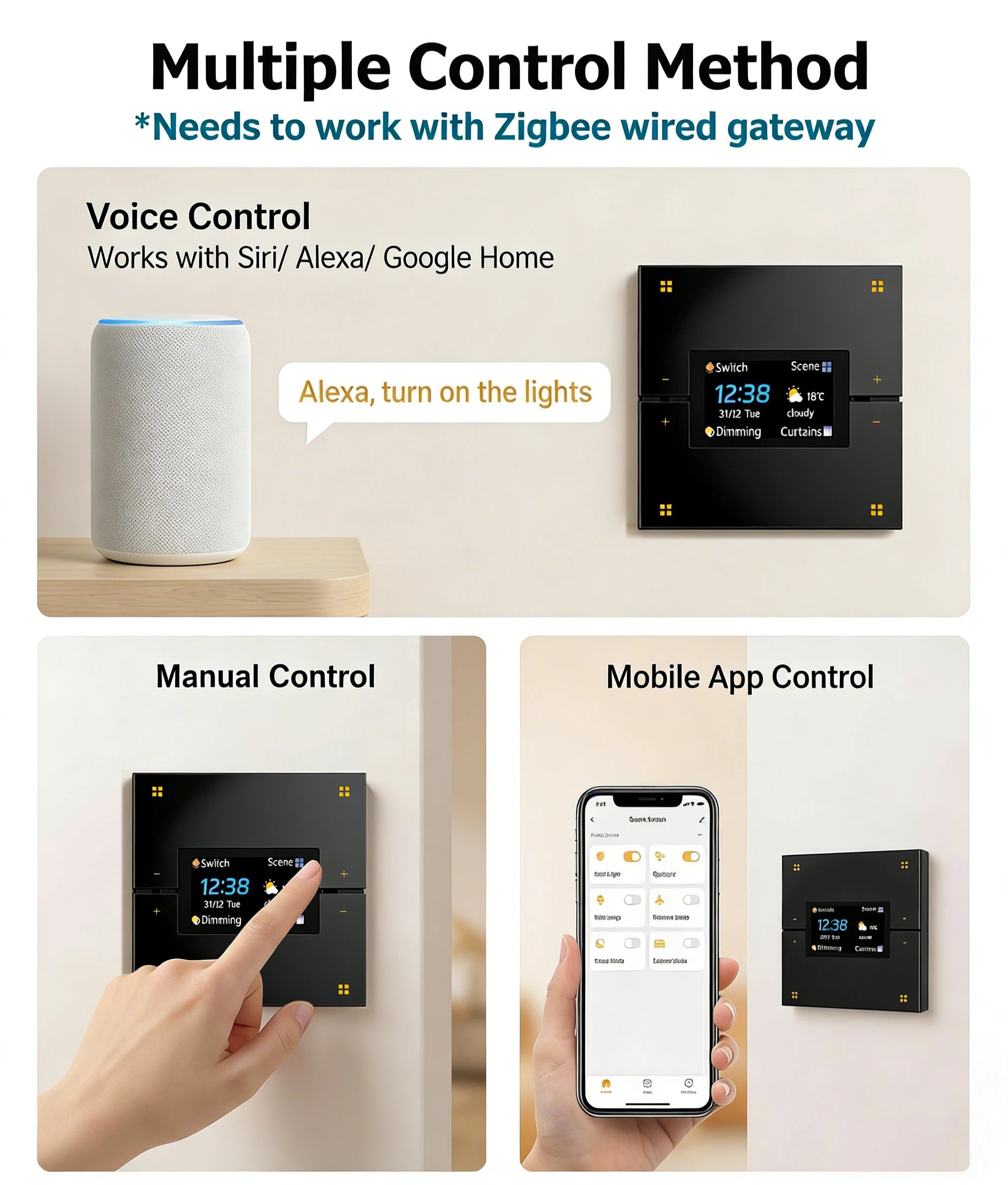 M9 Pro 8-Button UK Tuya Smart Wall Light Switch Aluminum Touch Display IPS Dimmer Scenes Zigbee for Hotel Home Voice App Control