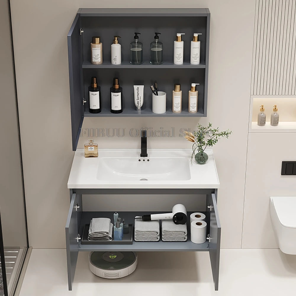 Wall Mounted Bathroom Cabinet Combination Washbasin Sink Vanity Ceramic Integrated Toilet Washbasin with Mirror CabinetFurniture