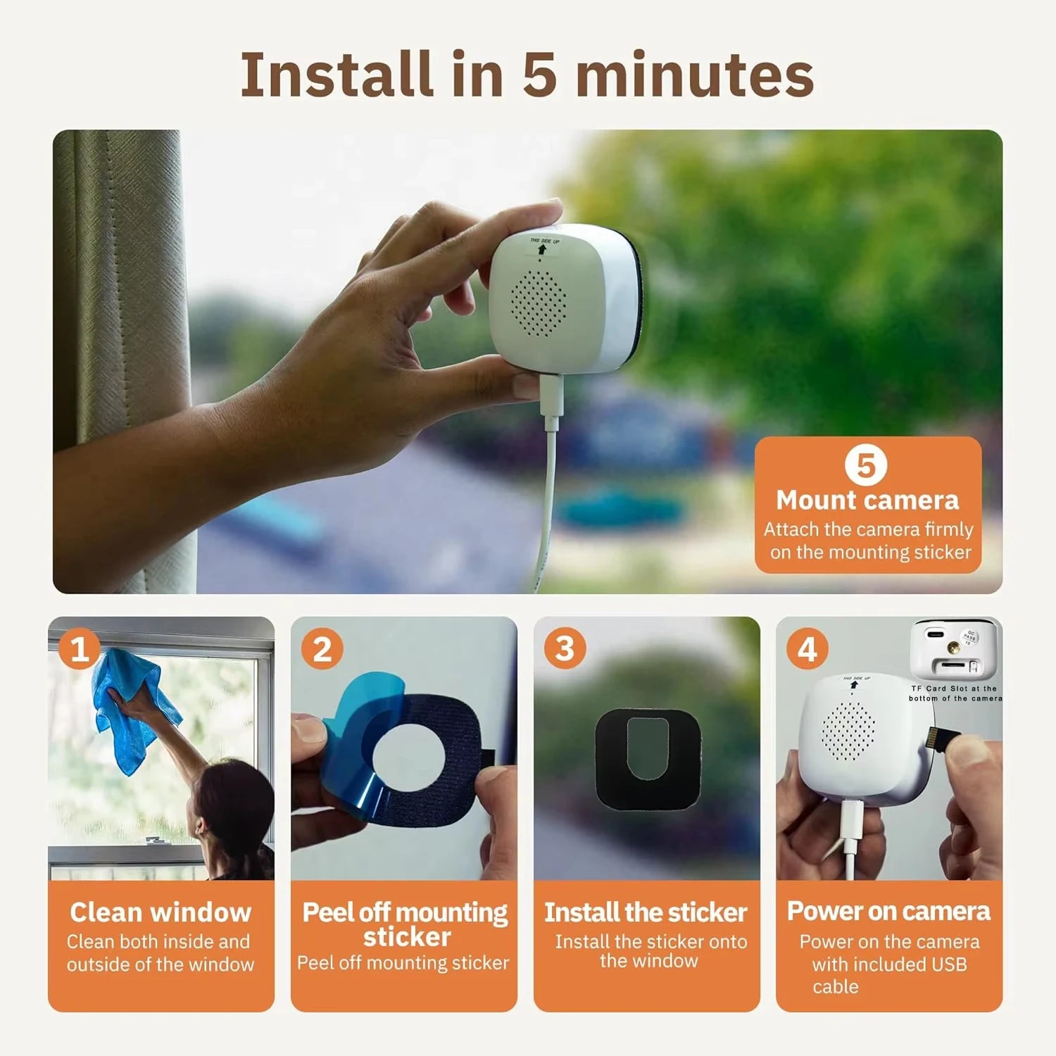 Window Camera Replaces Outdoor Cameras 2.4/5GHz WiFi Camera 3MP Resolution Full-Color Night Vision Through Window Mini Camera