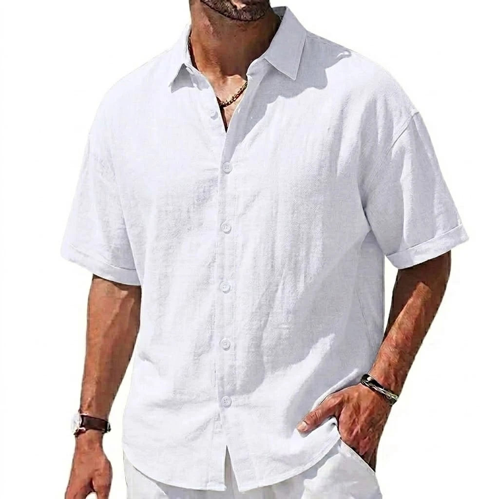 Korean Men's Short Sleeve Shirts Casual Cotton Linen T Shirts Man Lapel Shirts Male Breathable Hawaiian Shirt Man Summer T-shirt
