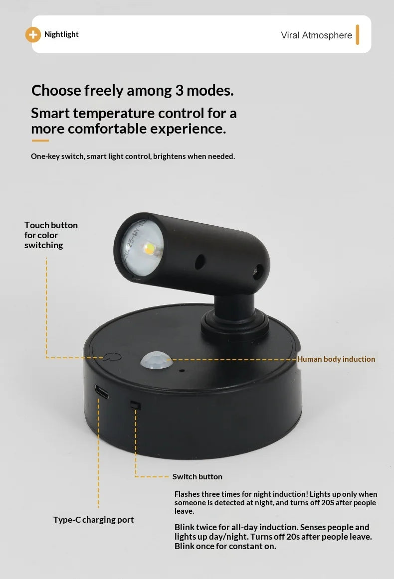LED Light Magnetic Rechargeable Wall light Spotlight Wireless No Punch Reading Light With Touch Switch Dimmable Bedside Lamp