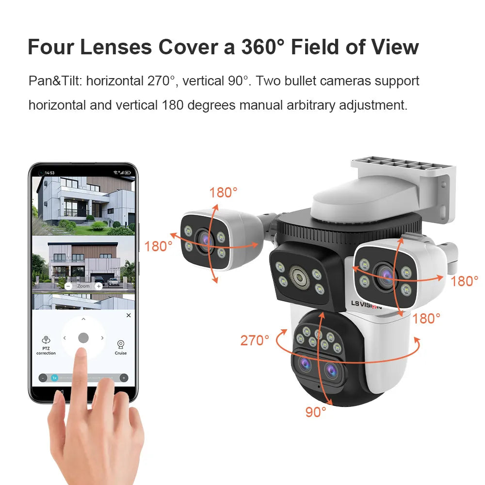 LS VISION 20MP Three Screens WiFi Security Camera Outdoor 10X Optical Zoom Four Lens Human Auto Tracking Waterproof CCTV Cameras