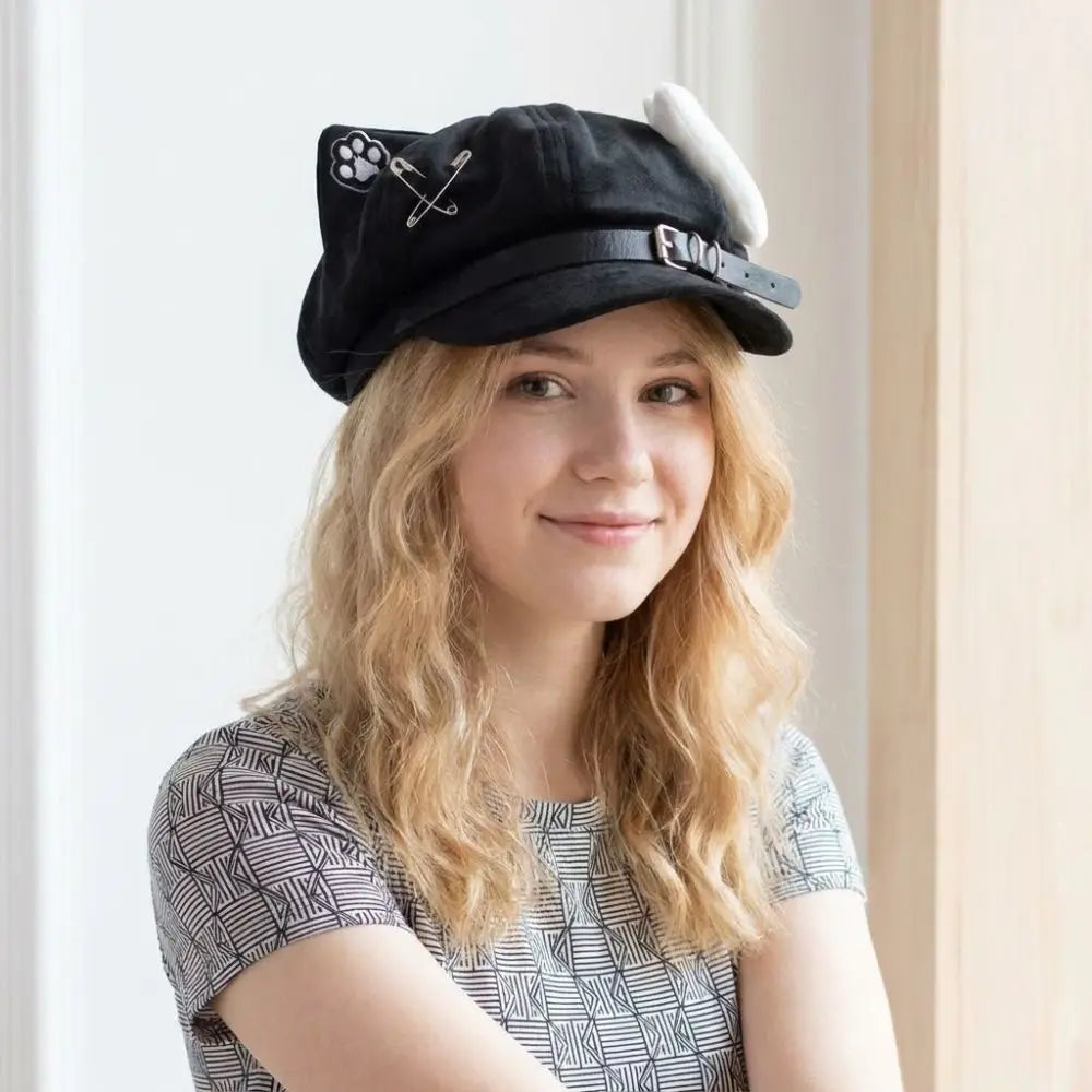 Cute Cat Ears Women's Beret Anime Cat Paw Pattern Newsboy Cap Japanese Style Sweet Baseball Cap Everyday Outfits