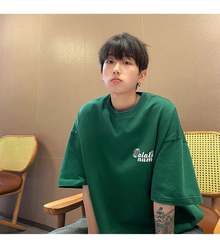 Forest Green Heavyweight Cotton American Style Men's T-shirt Short Sleeve Vibe High Street Seven Sleeve Summer T-shirt