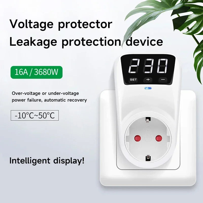 GEYA EU Socket with Voltage Protection Socket Plug AC230V 16A Adjustable Power Surge Protector Automatic Voltage Protector