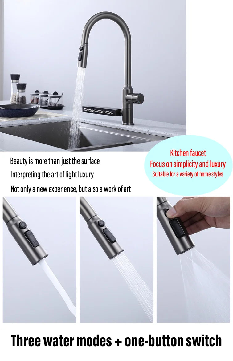 304 Stainless Steel Kitchen Faucet with Waterfall Sink Countertop Installation Hot Cold Mixer 360° Rotation for Kitchen