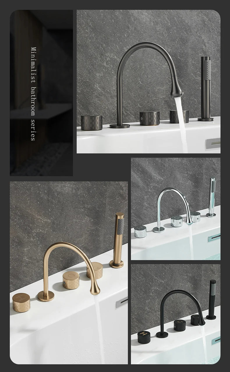 Gray Luxury Brass Deck-Mounted 5-Holes Bathroom Bath Tub Rotating Faucet Mixer Bathtub Basin Water Tap With Spray 3 Handles