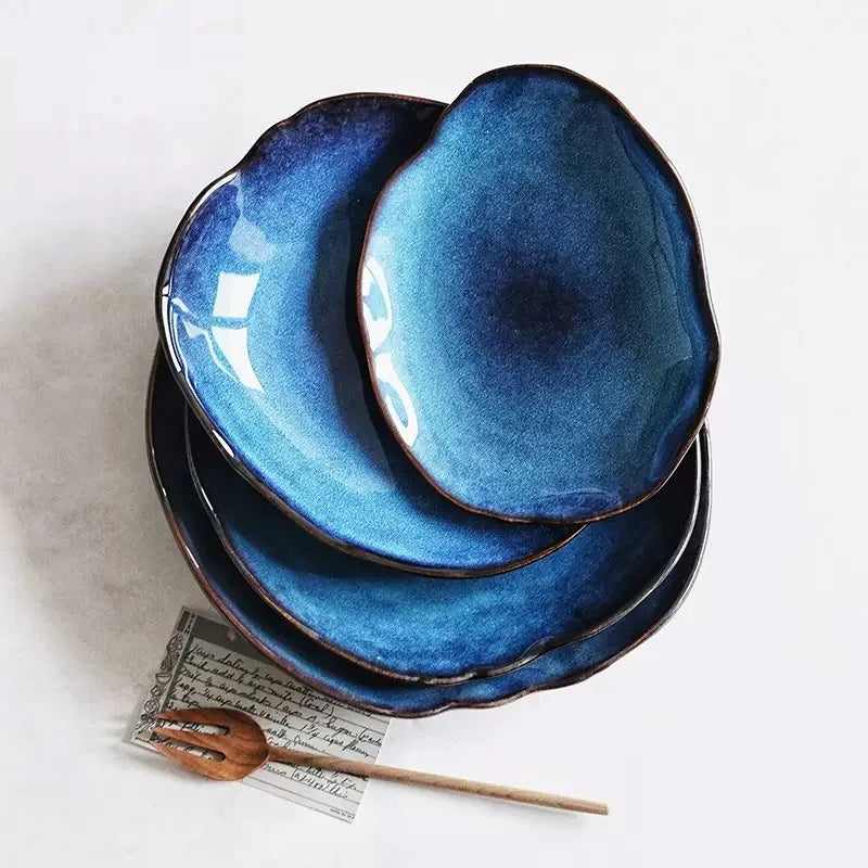 Nordic Style Blue Kiln Turned Ceramic Food Plate Steak Pasta Western Cuisine Plate Kitchen Utensils Dining Table Decoration