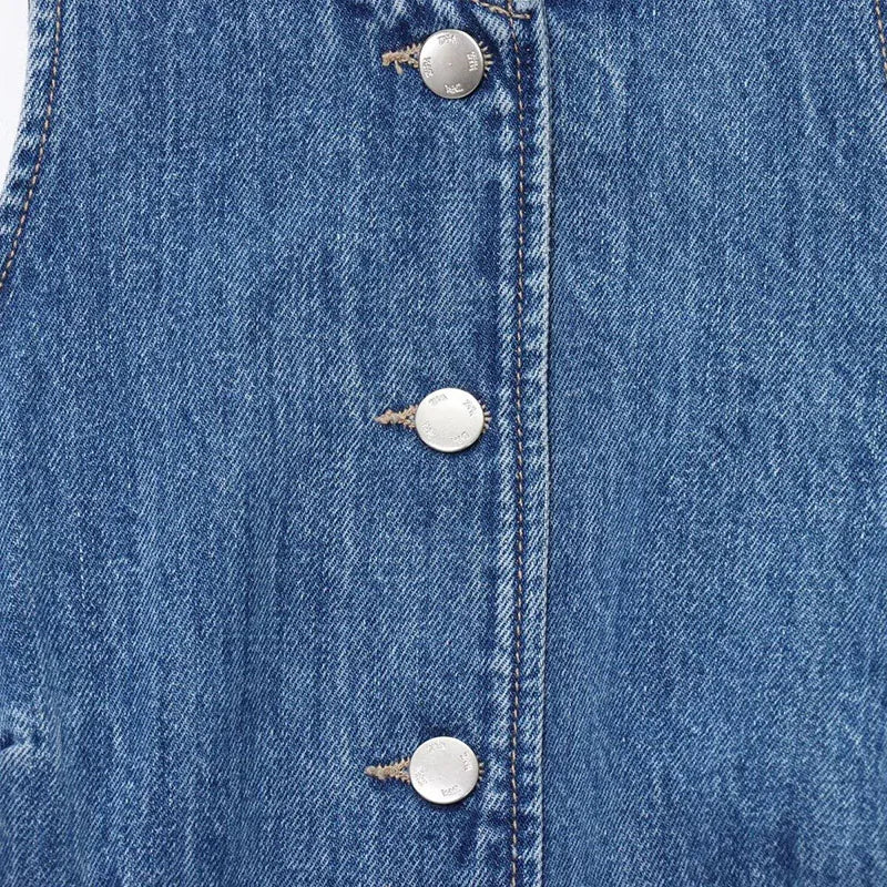 Women Denim Short Dress Round Neck Sleeveless Vest Style Single Breasted Design Solid Color Simple Daily Casual Versatile Dress